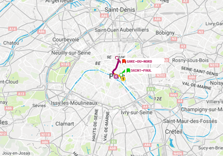 plan itinéraire ratp de Saint-Paul (Le Marais) à Gare du Nord