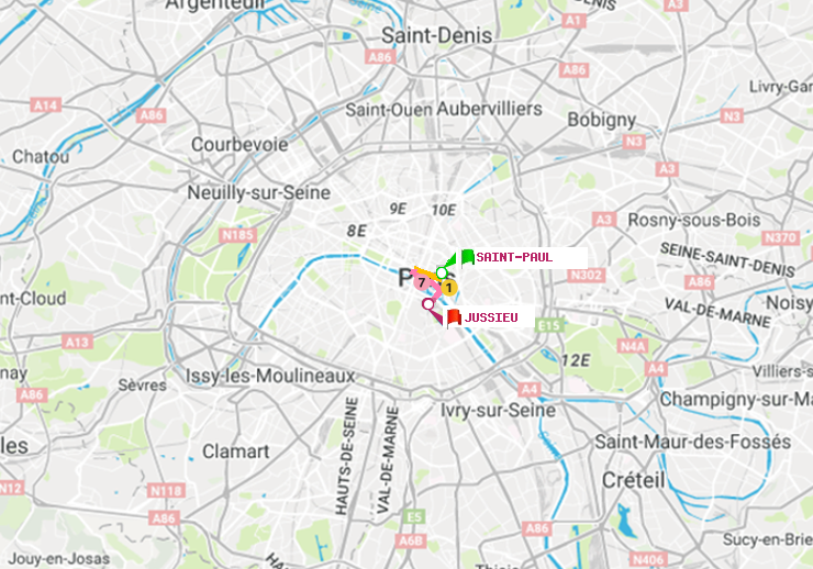 plan itinéraire ratp de Saint-Paul (Le Marais) à Jussieu