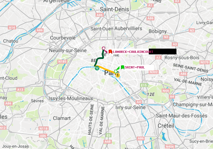 plan itinéraire ratp de Saint-Paul (Le Marais) à Lamarck-Caulaincourt
