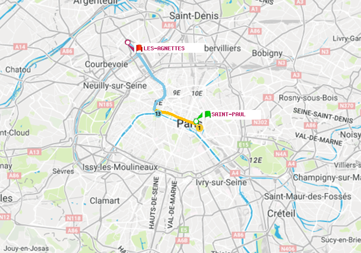 plan itinéraire ratp de Saint-Paul (Le Marais) à Les Agnettes