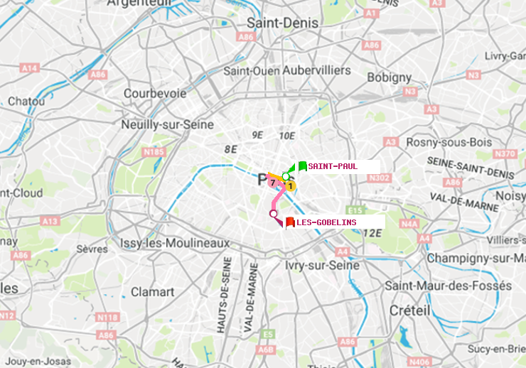 plan itinéraire ratp de Saint-Paul (Le Marais) à Les Gobelins