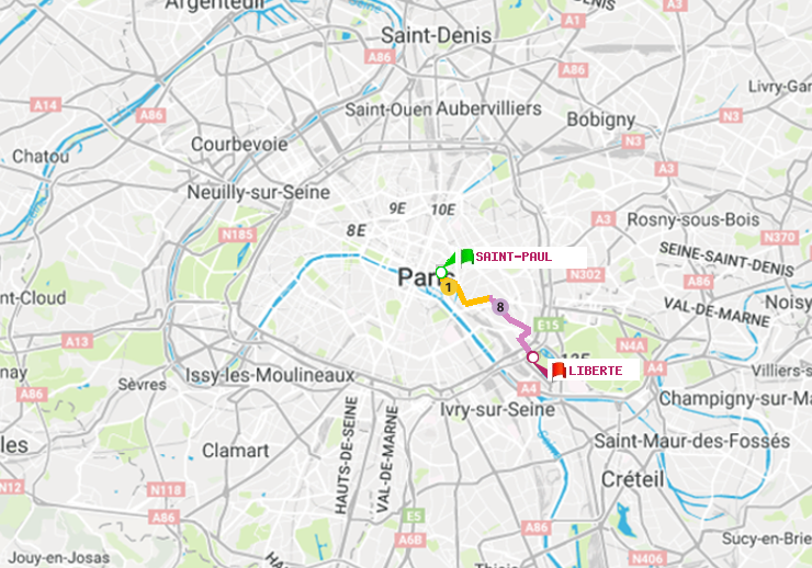 plan itinéraire ratp de Saint-Paul (Le Marais) à Liberté