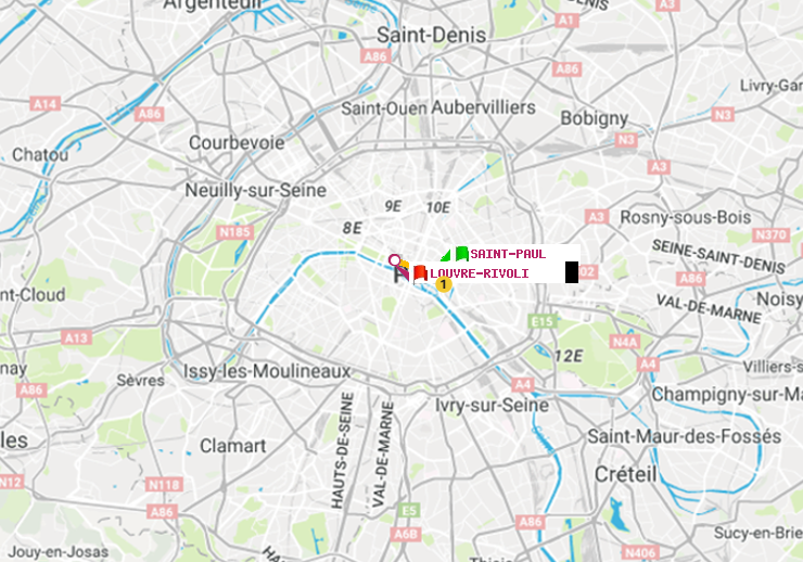plan itinéraire ratp de Saint-Paul (Le Marais) à Louvre-Rivoli