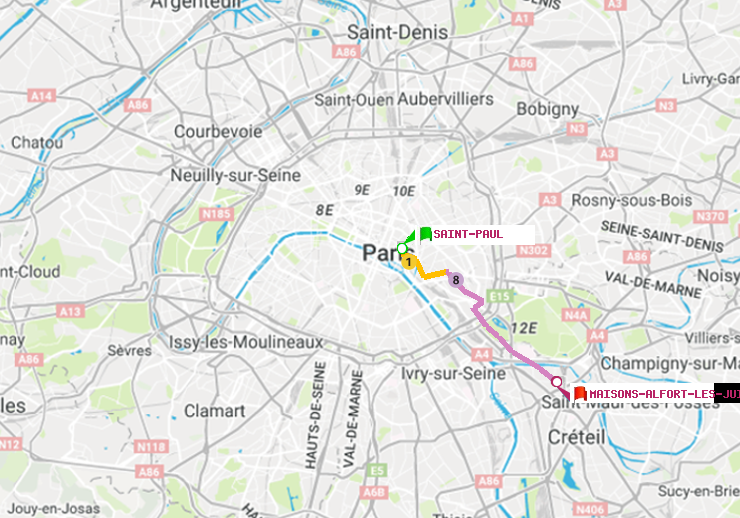 plan itinéraire ratp de Saint-Paul (Le Marais) à Maisons-Alfort-Les Juilliottes