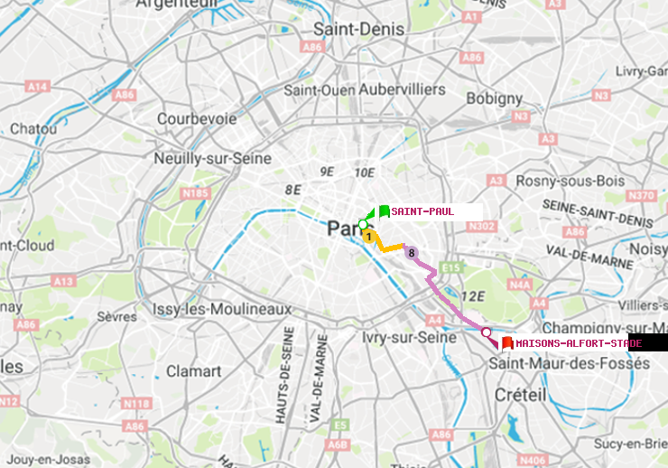 plan itinéraire ratp de Saint-Paul (Le Marais) à Maisons-Alfort-Stade
