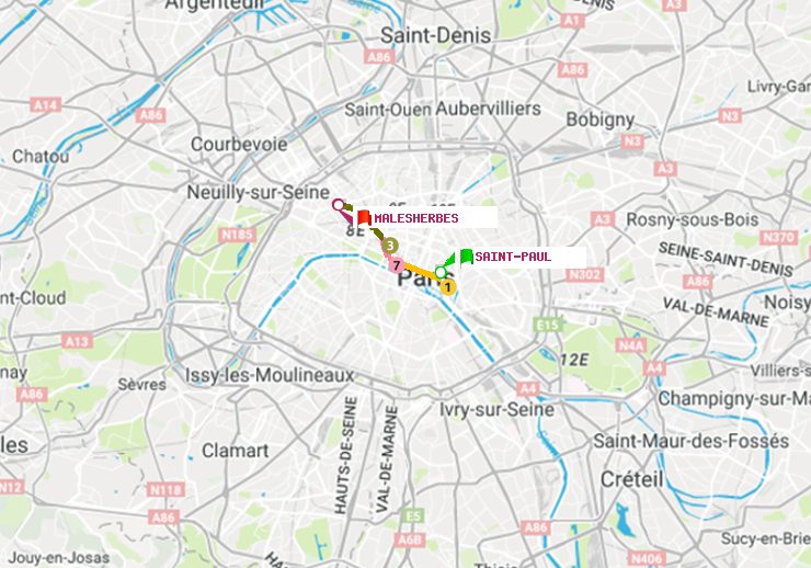 plan itinéraire ratp de Saint-Paul (Le Marais) à Malesherbes