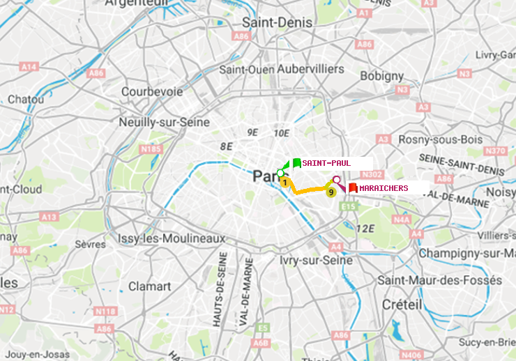 plan itinéraire ratp de Saint-Paul (Le Marais) à Maraichers