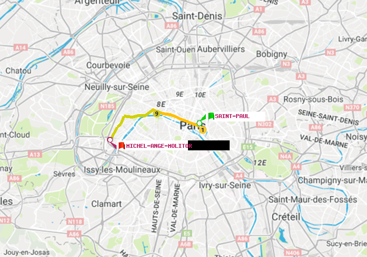 plan itinéraire ratp de Saint-Paul (Le Marais) à Michel-Ange-Molitor