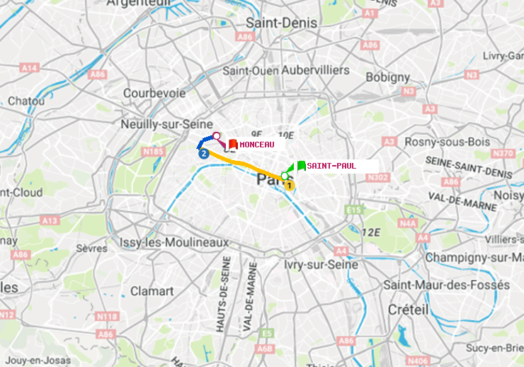 plan itinéraire ratp de Saint-Paul (Le Marais) à Monceau