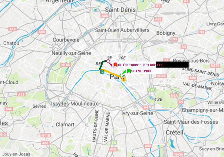 plan itinéraire ratp de Saint-Paul (Le Marais) à Notre-Dame de Lorette