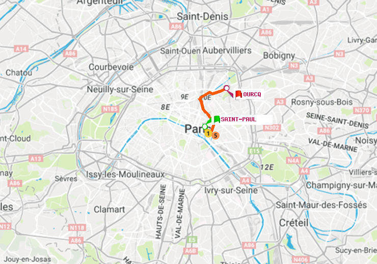 plan itinéraire ratp de Saint-Paul (Le Marais) à Ourcq
