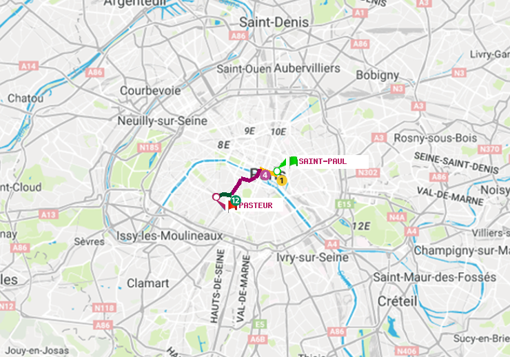 plan itinéraire ratp de Saint-Paul (Le Marais) à Pasteur