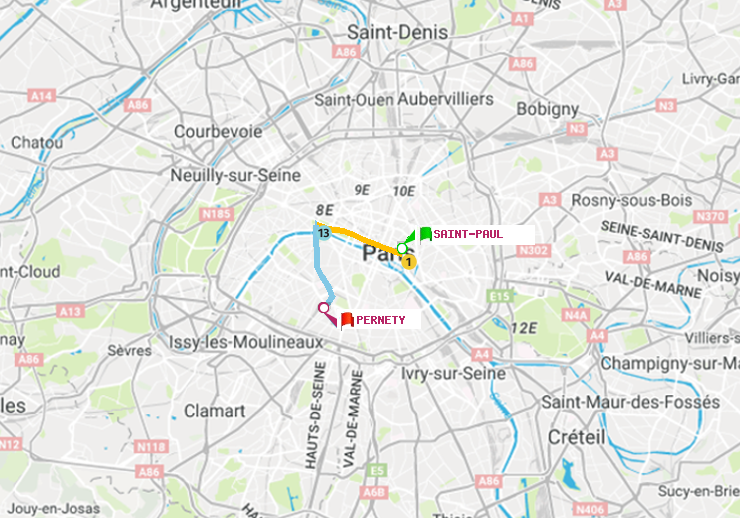 plan itinéraire ratp de Saint-Paul (Le Marais) à Pernety
