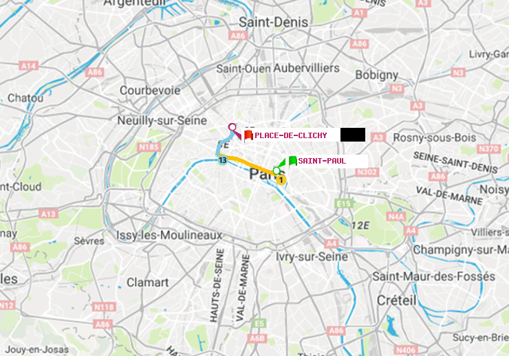 plan itinéraire ratp de Saint-Paul (Le Marais) à Place de Clichy