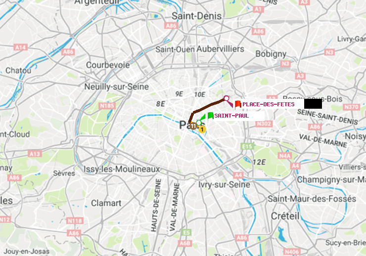 plan itinéraire ratp de Saint-Paul (Le Marais) à Place des Fêtes