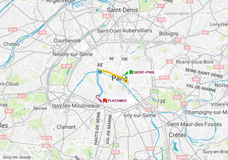 plan itinéraire ratp de Saint-Paul (Le Marais) à Plaisance