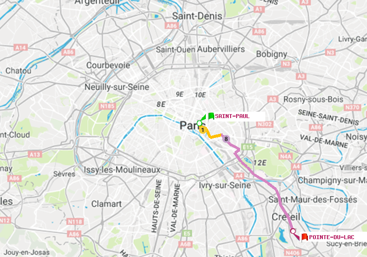 plan itinéraire ratp de Saint-Paul (Le Marais) à Pointe du Lac