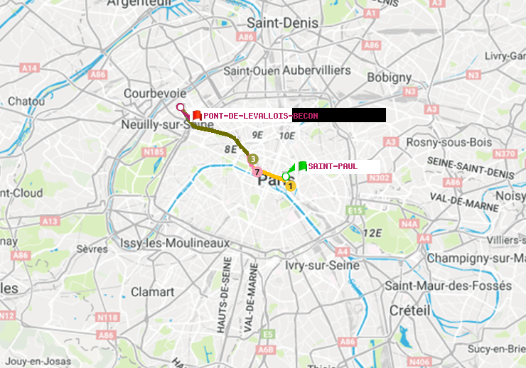 plan itinéraire ratp de Saint-Paul (Le Marais) à Pont de Levallois-Bécon