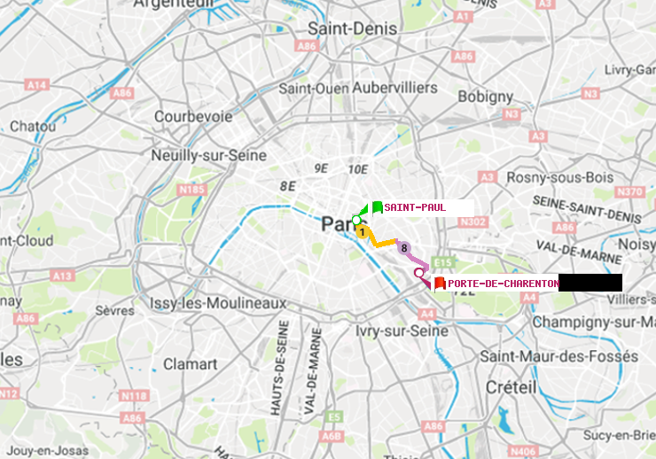 plan itinéraire ratp de Saint-Paul (Le Marais) à Porte de Charenton