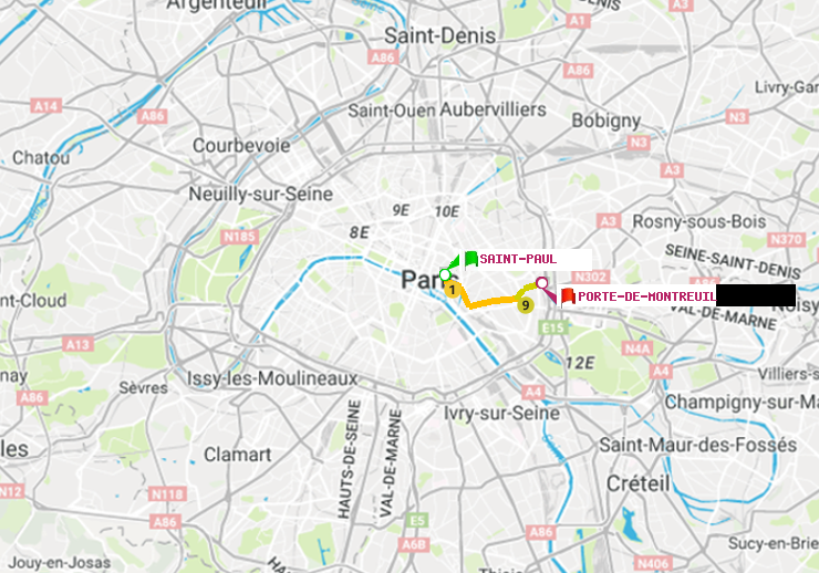 plan itinéraire ratp de Saint-Paul (Le Marais) à Porte de Montreuil