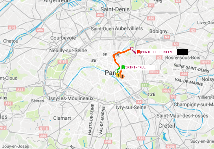 plan itinéraire ratp de Saint-Paul (Le Marais) à Porte de Pantin