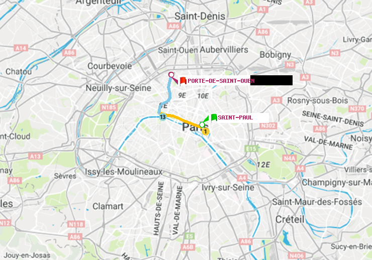 plan itinéraire ratp de Saint-Paul (Le Marais) à Porte de Saint-Ouen