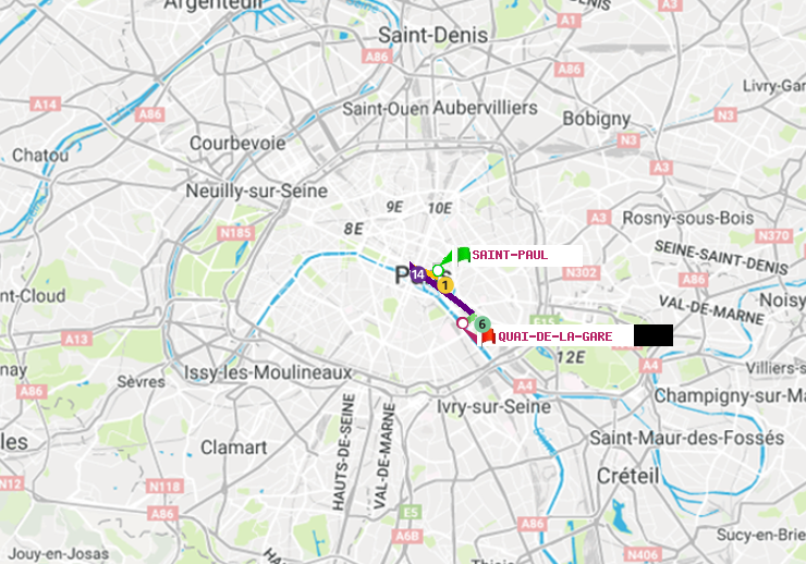 plan itinéraire ratp de Saint-Paul (Le Marais) à Quai de la Gare