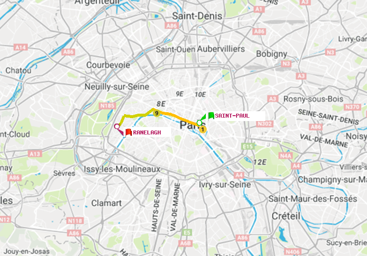 plan itinéraire ratp de Saint-Paul (Le Marais) à Ranelagh