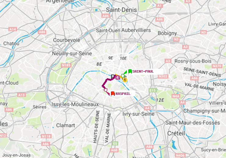 plan itinéraire ratp de Saint-Paul (Le Marais) à Raspail