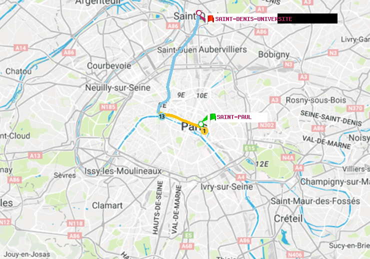 plan itinéraire ratp de Saint-Paul (Le Marais) à Saint-Denis-Universite