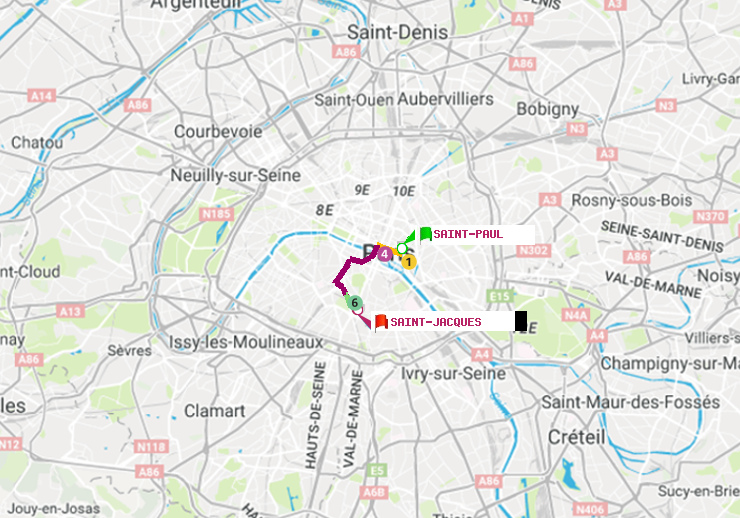 plan itinéraire ratp de Saint-Paul (Le Marais) à Saint-Jacques