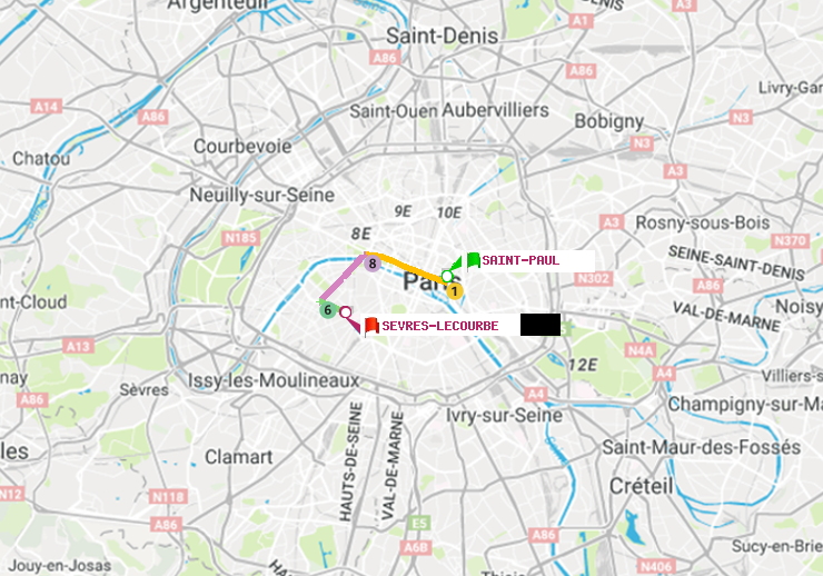 plan itinéraire ratp de Saint-Paul (Le Marais) à Sèvres-Lecourbe