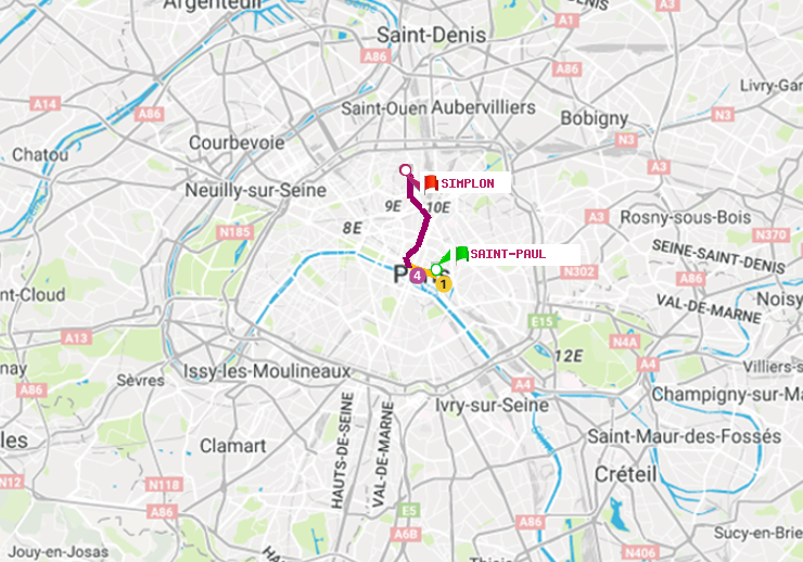 plan itinéraire ratp de Saint-Paul (Le Marais) à Simplon