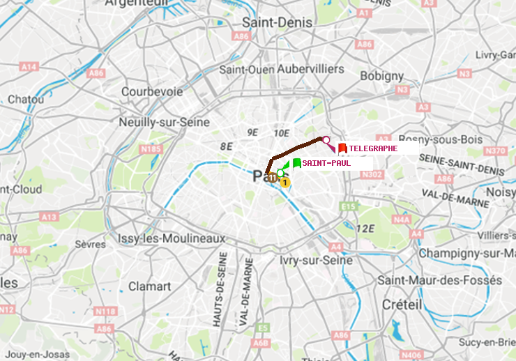 plan itinéraire ratp de Saint-Paul (Le Marais) à Telegraphe