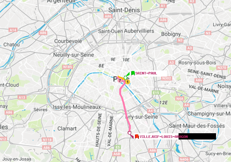 plan itinéraire ratp de Saint-Paul (Le Marais) à Villejuif-Louis Aragon