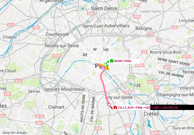 plan itinéraire ratp de Saint-Paul (Le Marais) à Villejuif-Paul Vaillant Couturier (Hôpital Paul Brousse)