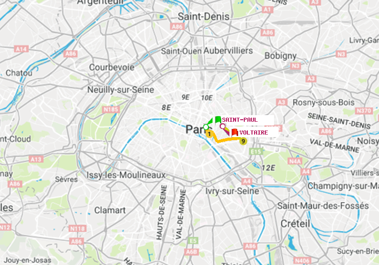 plan itinéraire ratp de Saint-Paul (Le Marais) à Voltaire (Léon Blum)
