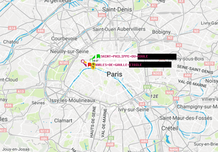 plan itinéraire ratp de Saint-Philippe du Roule à Charles de Gaulle-Etoile
