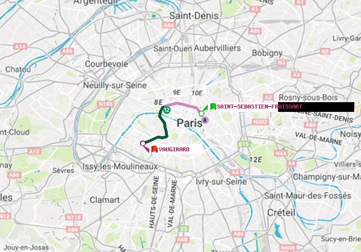 plan itinéraire ratp de Saint-Sébastien-Froissart à Vaugirard (Adolphe Chérioux)