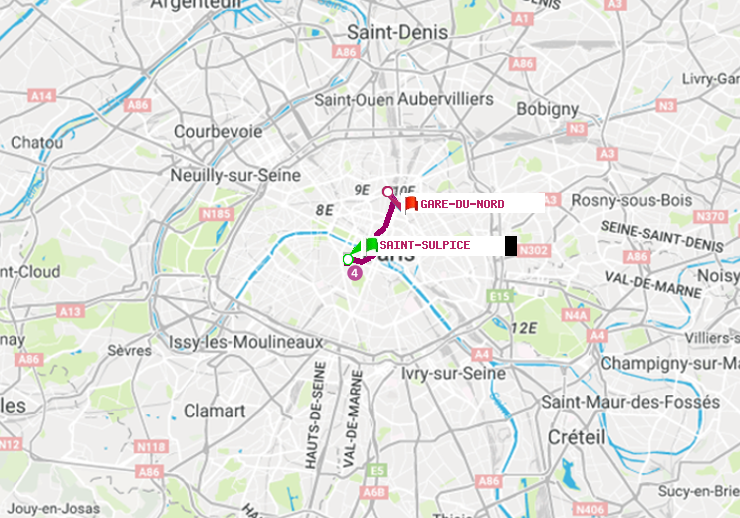 plan itinéraire ratp de Saint-Sulpice à Gare du Nord