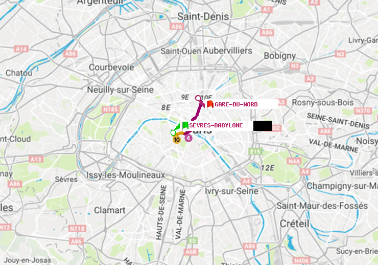 plan itinéraire ratp de Sèvres-Babylone à Gare du Nord