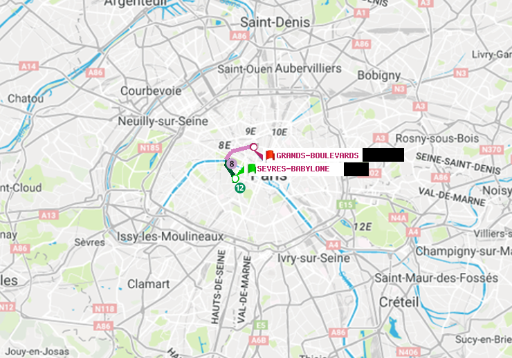 plan itinéraire ratp de Sèvres-Babylone à Grands Boulevards