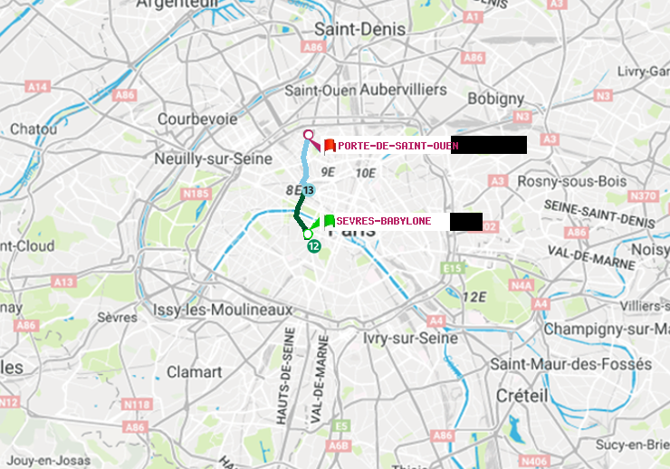 plan itinéraire ratp de Sèvres-Babylone à Porte de Saint-Ouen