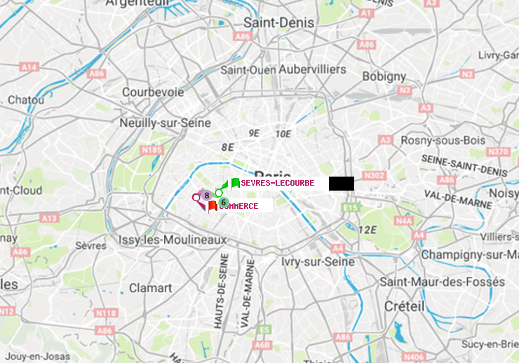 plan itinéraire ratp de Sèvres-Lecourbe à Commerce