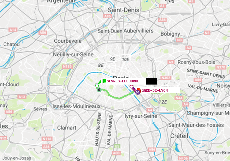 plan itinéraire ratp de Sèvres-Lecourbe à Gare de Lyon