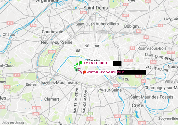 plan itinéraire ratp de Sèvres-Lecourbe à Montparnasse-Bienvenue