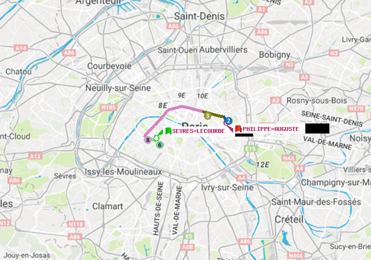 plan itinéraire ratp de Sèvres-Lecourbe à Philippe Auguste