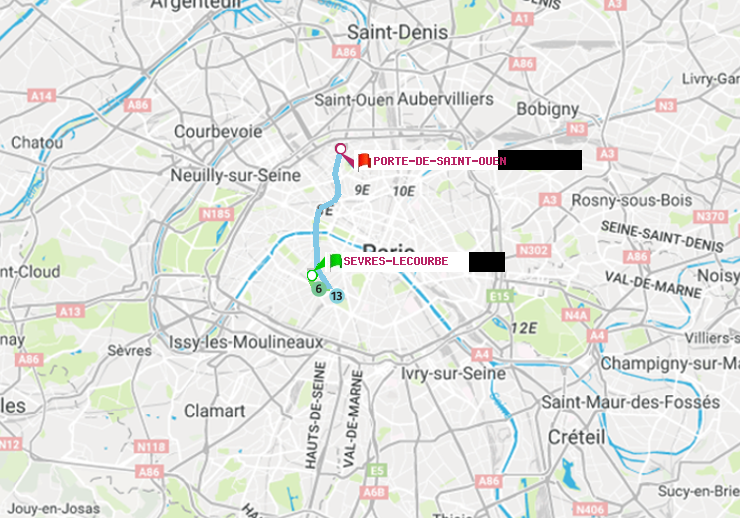 plan itinéraire ratp de Sèvres-Lecourbe à Porte de Saint-Ouen