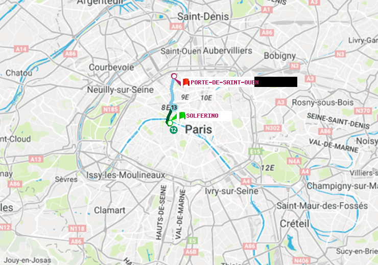 plan itinéraire ratp de Solférino à Porte de Saint-Ouen