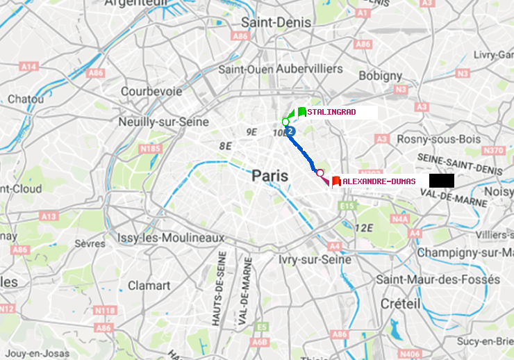 plan itinéraire ratp de Stalingrad à Alexandre-Dumas